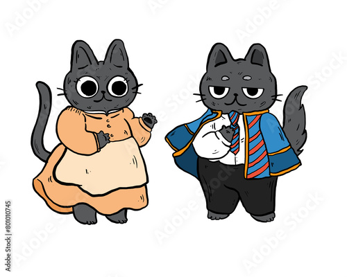 Cute Cat boy and girl, maid suit, business suit, cartoon character,  color hand draw.