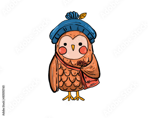Cute bird travel suit character cartoon color hand drawn Flat vector illustration icon.