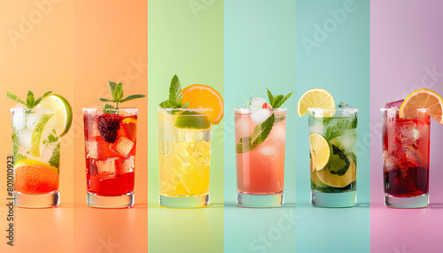Collage of cold summer cocktails on color background