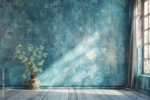 Retro sun rays infuse an azure grunge room with warm vintage charm.