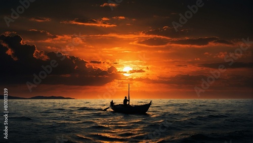 An old fishing boat cuts through the waves under a dramatic sunset, highlighting a life of maritime toil and beauty