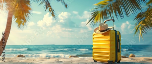 Colorful Yellow luggage with travel accessories on a sandy beach, copy space , Travel and tourism concept.