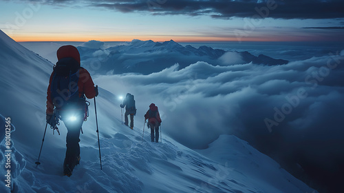 Group of climbers walking up and down a snowy, These climbers were wearing various outdoor clothing, holding trekking poles and headlamps.  photo