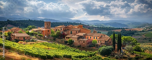 Panoramic of the village of Masroig among vineyards during spring in the Priorat designation of origin region in Catalonia in Spain photo