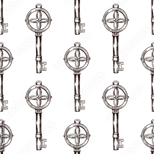 Hand-drawn seamless pattern of vintage decorative keys sketches with intricate forging. Ink and pen drawing illustration, keys on white background.