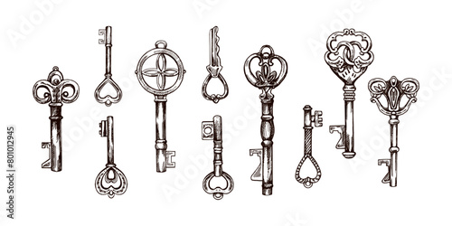Hand-drawn set of vintage decorative keys sketches with intricate forging. Ink and pen drawing illustration, keys on white background.