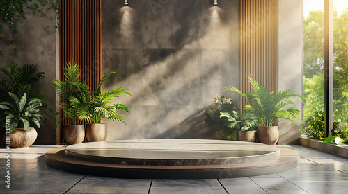 Luxurious stonemarble pedestal basks in foliage gobo sunlight. Wooden rod backdrop adds depth and elegance. Ideal for premium product showcases and sophisticated designs.