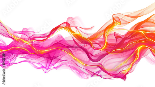 Energetic orange neon lightning bolts alongside glowing pink waves, isolated on a solid white background."