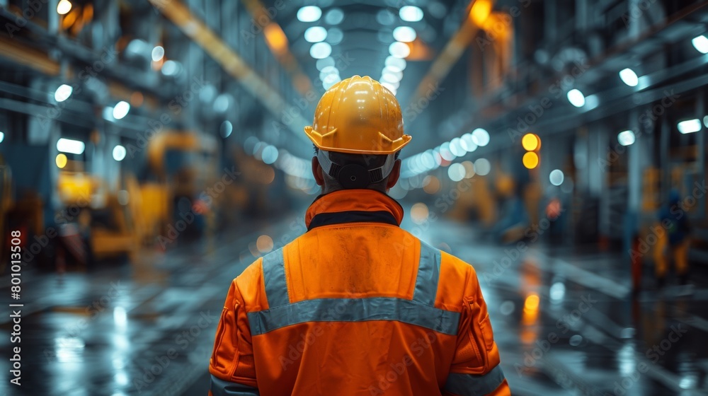 Worker oversees manufacturing floor from a distance. Worker oversees manufacturing floor from a distance.