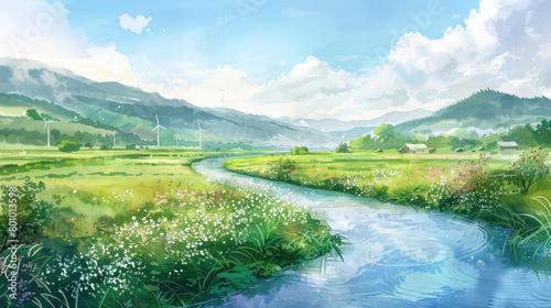 Watercolor painting depicting the beauty of a calm river winding through a green valley, flanked by traditional windmills and fields of blooming flowers