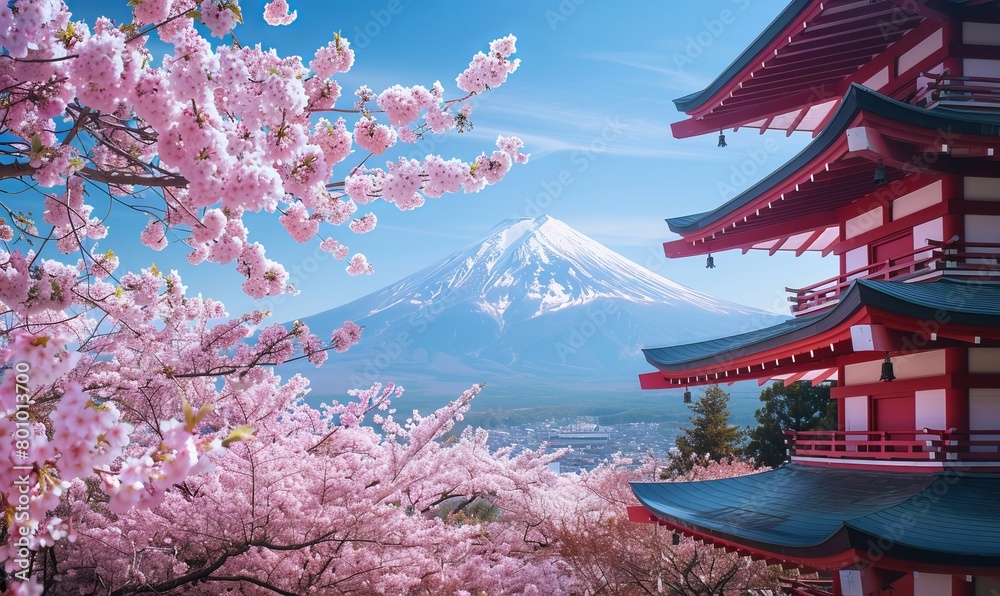 Fototapeta premium Cherry blossoms and Mount Fuji during a festival in Japan.