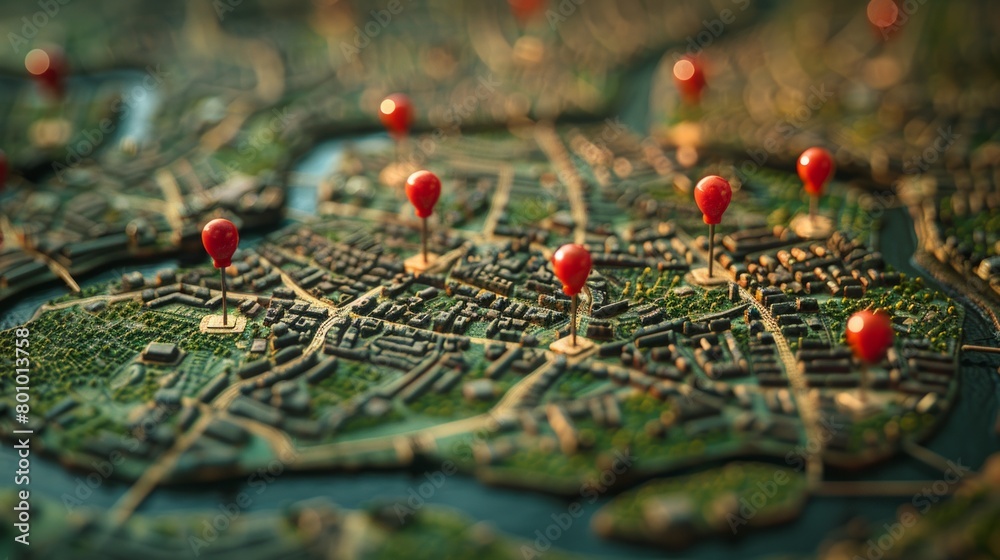 Model city with red location markers for urban planning Model city with red location markers for urban planning