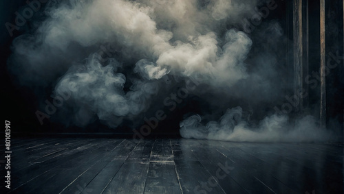 Dark room with smoke, fire. photo