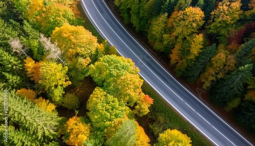 Aerial view over a small road cutting through an autumnal forest 