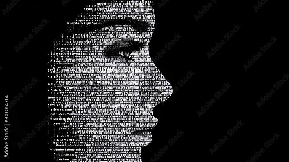 Profil kobiecej twarzy w stylu ascii art, hacker AI