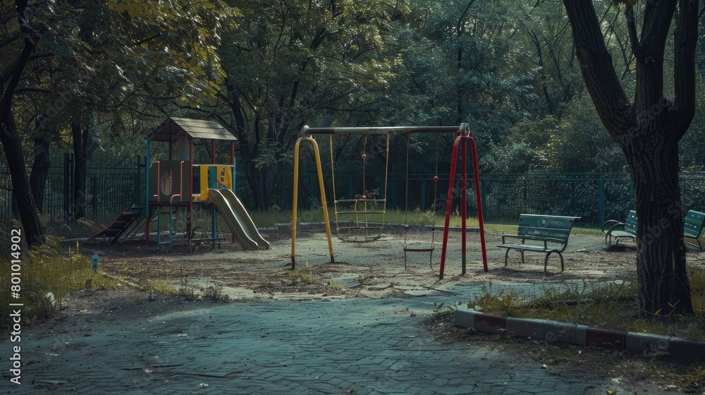 A picturesque view of a child's favorite outdoor play area, now empty and silent, symbolizing the loss of their vibrant presence on International Missing Children's Day.