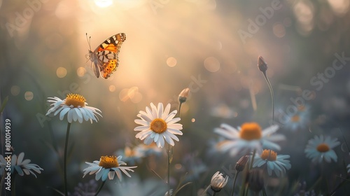 Butterfly Flying Over a Field of Daisies photo