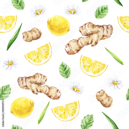 Ginger, lemon and mint seamless pattern, watercolor repeating background  (ID: 801014973)