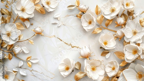 Elegant Display of White and Gold Flowers with Leaves on Pristine White Marble Texture