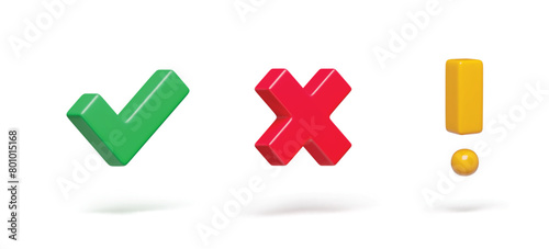 Right, wrong and exclamation caution check marks on white set. Acceptance, rejection and attention. Tick, cross, exclamation point three-dimensional rendering vector illustration