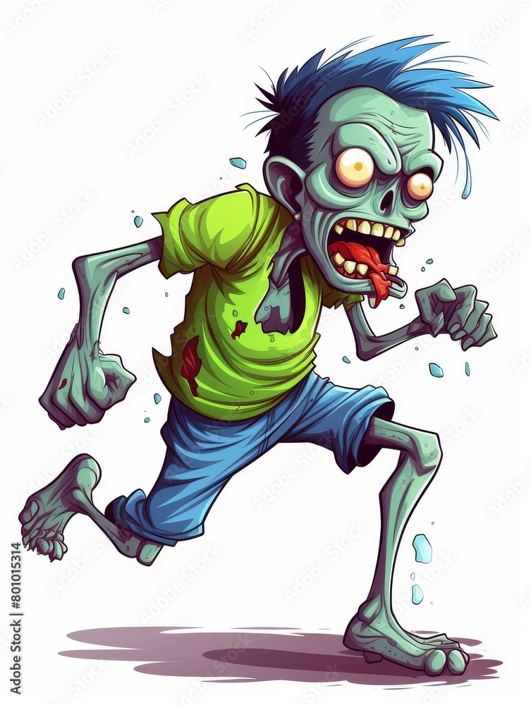 A highquality 2D  illustration of a cartoon zombie, isolated on a white background, with vibrant colors and playful expression