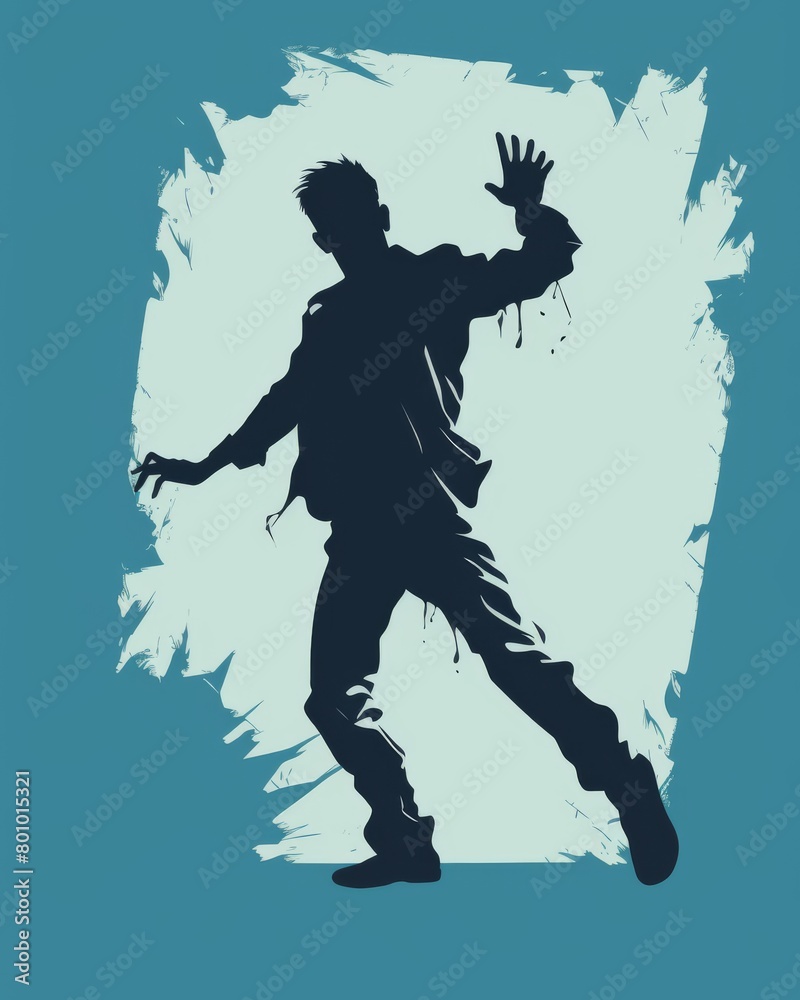 Fototapeta premium Minimalist 2D art featuring a zombie silhouette with a dynamic pose, ideal for Halloween themed graphics, on a plain background