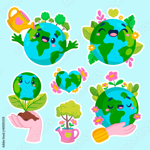 Hand drawn cartoon earth day sticker set