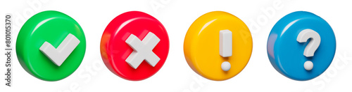 Acceptance, rejection, attention and question symbols glossy 3d realistic buttons. Right, wrong and exclamation check marks three-dimensional rendering vector illustration
