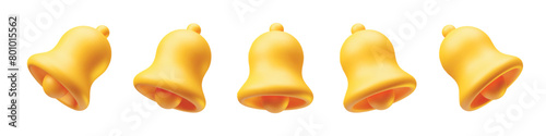 Yellow notification bells ringing icons 3d realistic on white. Golden ringing bells with new notification for social media notice reminder, website and apps elements 3d rendering vector illustration