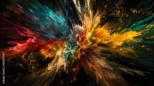 Festive abstract explosion of colorful paint on black background © jongaNU