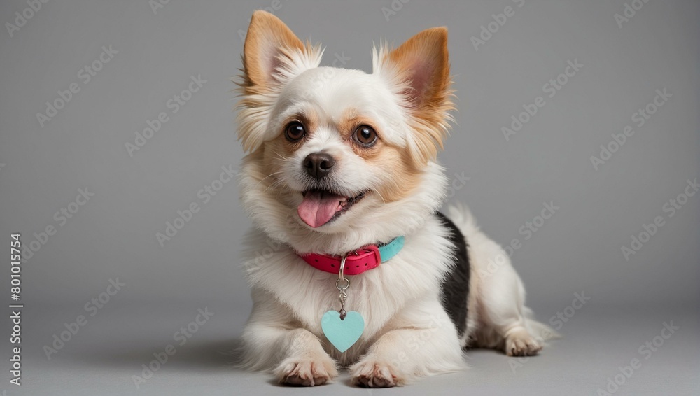 Playful Papillon dog with blurred face, wearing a red collar with heart-shaped tag, sitting against grey backdrop Playful Papillon dog with blurred face, wearing a red collar with heart-shaped tag, sitting against grey backdrop