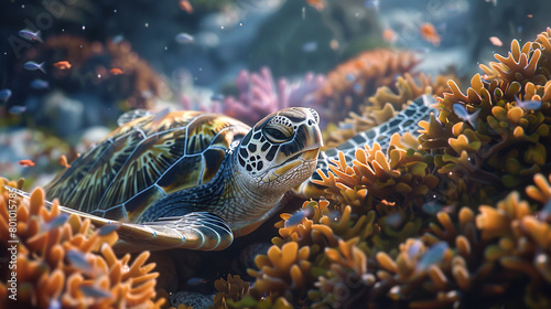 A juvenile sea turtle hiding among coral reefs to escape predators. 