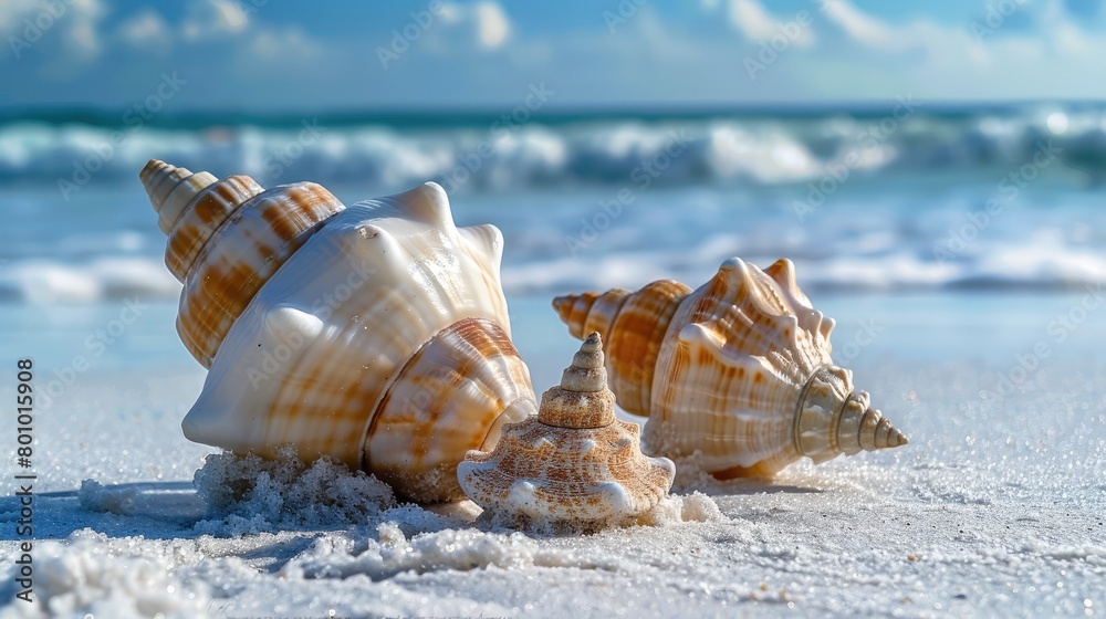 Coastal Treasures: Conch and Conical Shells Rest on Pristine Beach Under Azure Sky Coastal Treasures: Conch and Conical Shells Rest on Pristine Beach Under Azure Sky
