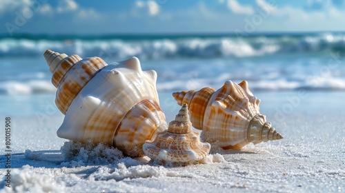 Coastal Treasures: Conch and Conical Shells Rest on Pristine Beach Under Azure Sky