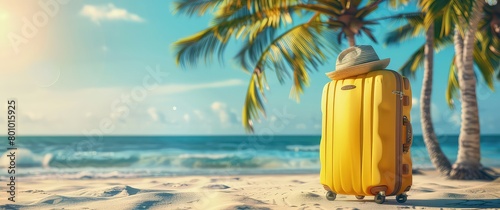 Vibrant yellow suitcase on a sun kissed beach  adventure and relaxation travel  Palm background Summer concept  holiday  travel  seaside