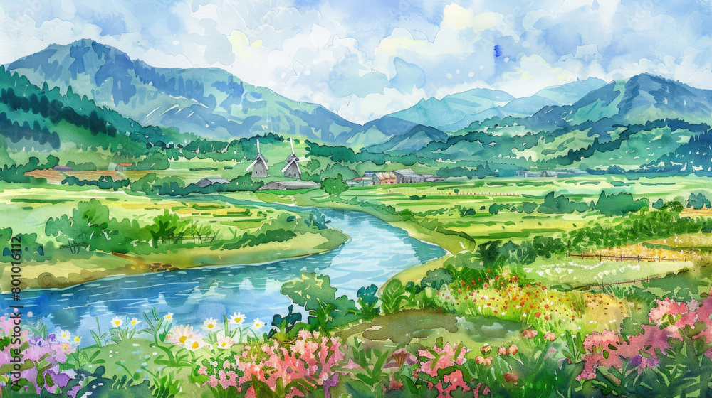 Watercolor painting depicting the beauty of a calm river winding through a green valley, flanked by traditional windmills and fields of blooming flowers