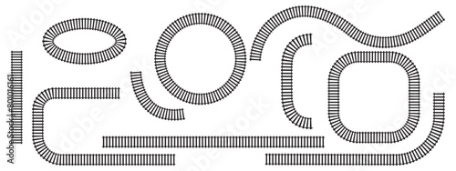 Set of railroad segments. Rail road elements top view. Train track straight and waved lines, circle and oval frames isolated on white background. Fence or stairs texture. Vector graphic illustration