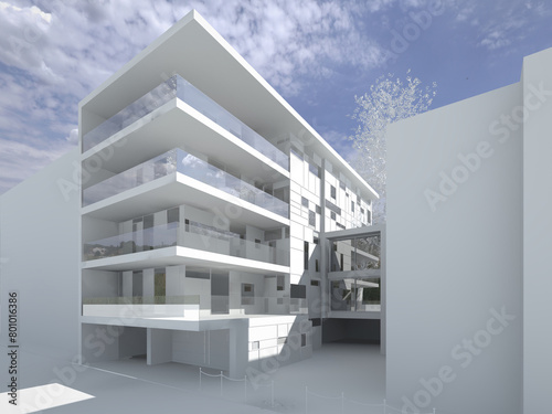 Modellazione e render 3D di edificio residenziale e modello bianco photo