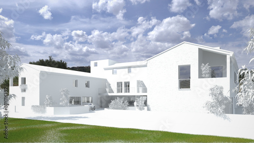 Modellazione e render 3D di edificio residenziale e modello bianco photo