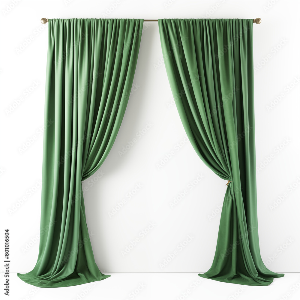 Fototapeta Green Curtains 3d illustration of green silk curtains with a gold curtain rod on a white background