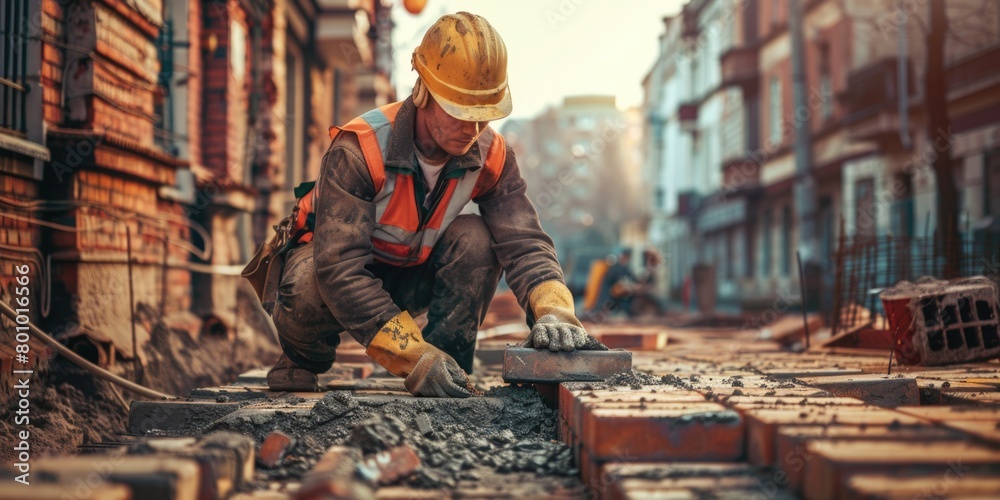 Portrait of a man construction worker with a safety helmet and safety vest, laying bricks