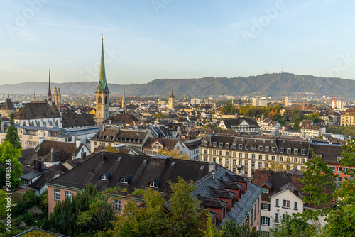 Panoramic view of Zürich's Old Town, locally known as the 'Altstadt,' nestled on both sides of the River Limmat.