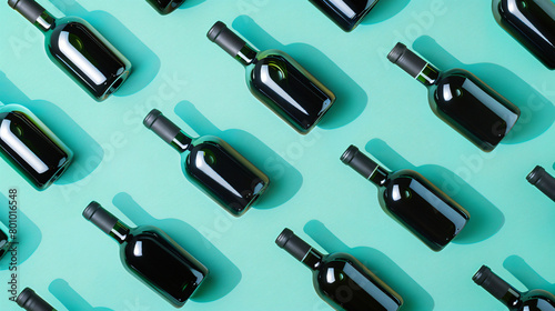 Many bottles of wine on turquoise background. Pattern