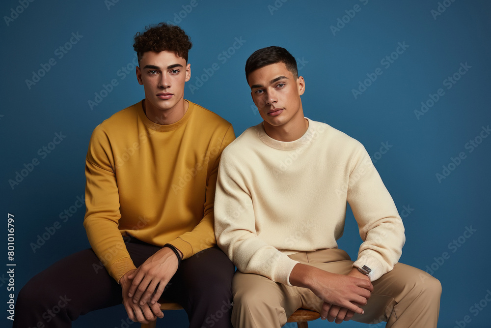 Fototapeta premium Two handsome male friends wearing sweaters