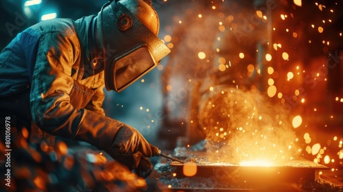 Portrait of a man welder with a welder helmet welding something with fire