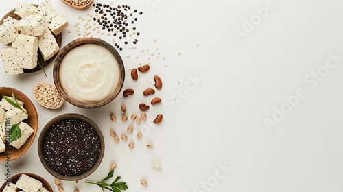 A refined, minimalist setup of plantbased protein items such as tempeh, hemp seeds, and black beans, against a calm, neutral background photo