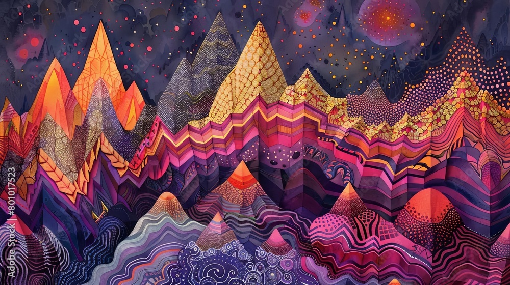 Digital topography with vibrant geometric peaks and a tapestry of intricate patterns