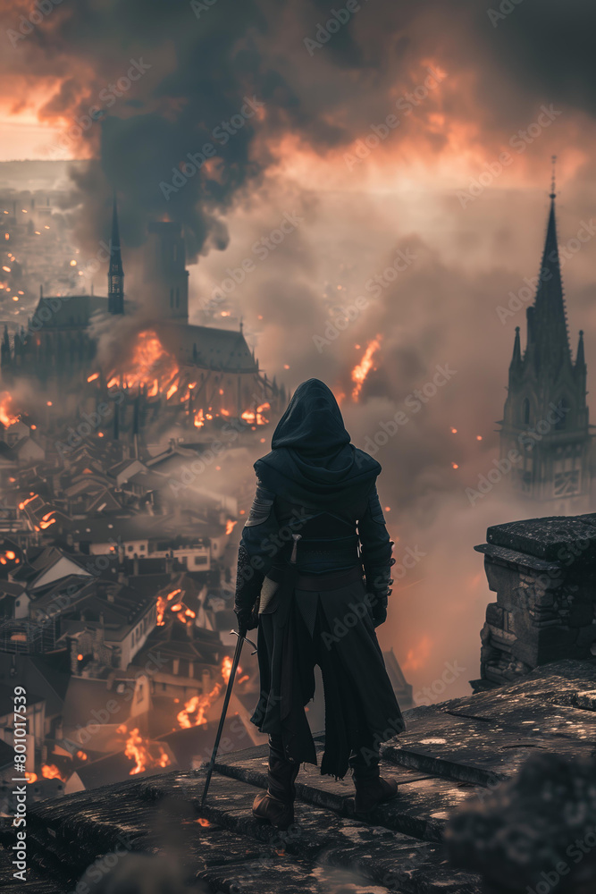 cinematic  assassin standing on the roof, overlooking burning medieval city in background, smoke and fire, fantasy 