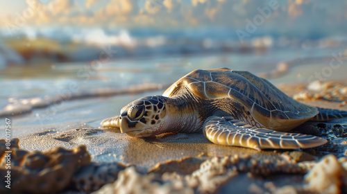 A rare sight of a flatback sea turtle basking under the hot sun