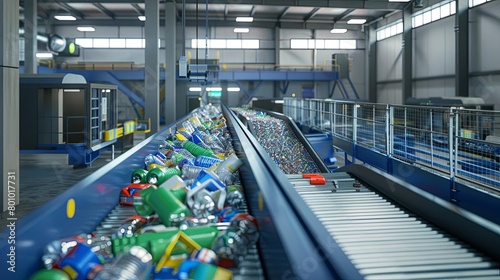 Recycling Technologies An advanced sorting facility processing multiple types of recyclables, 3d render illustrated, for presentation design